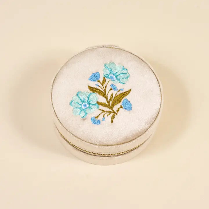 Round Velvet Jewelry Case - Poppin' Petals Aqua