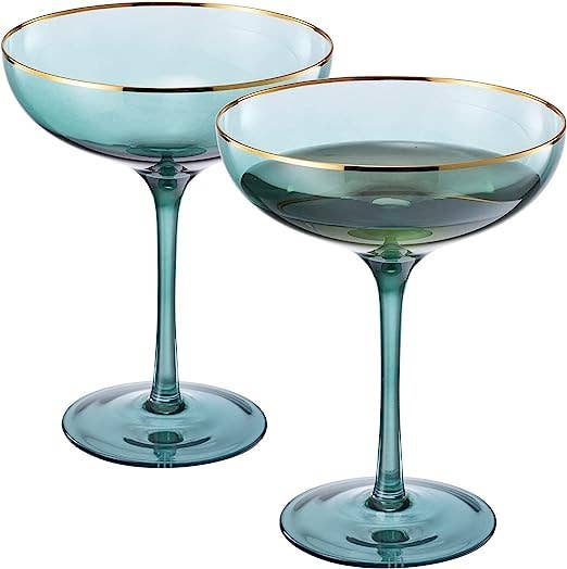 Green & Gilded Rim Wine Glassware, Large 9oz (Coupe)