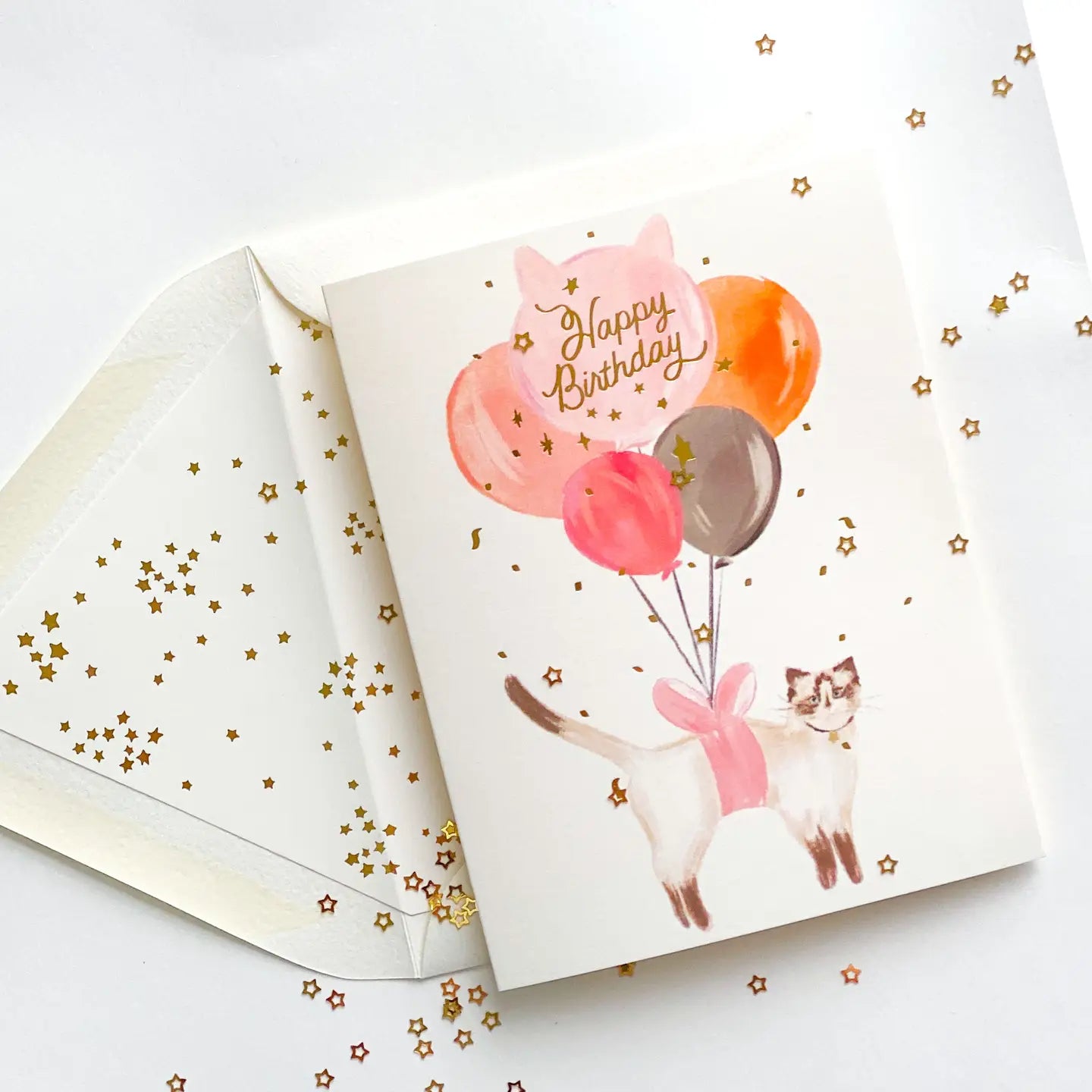 Happy Birthday Balloon Cat with Gold Confetti Card