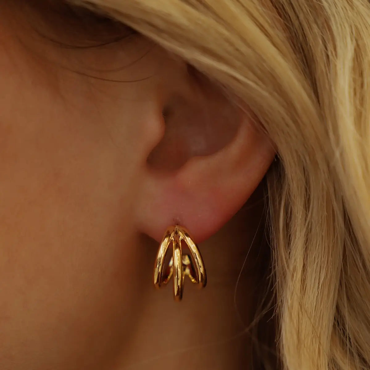 Gold Triple Hoop Studs