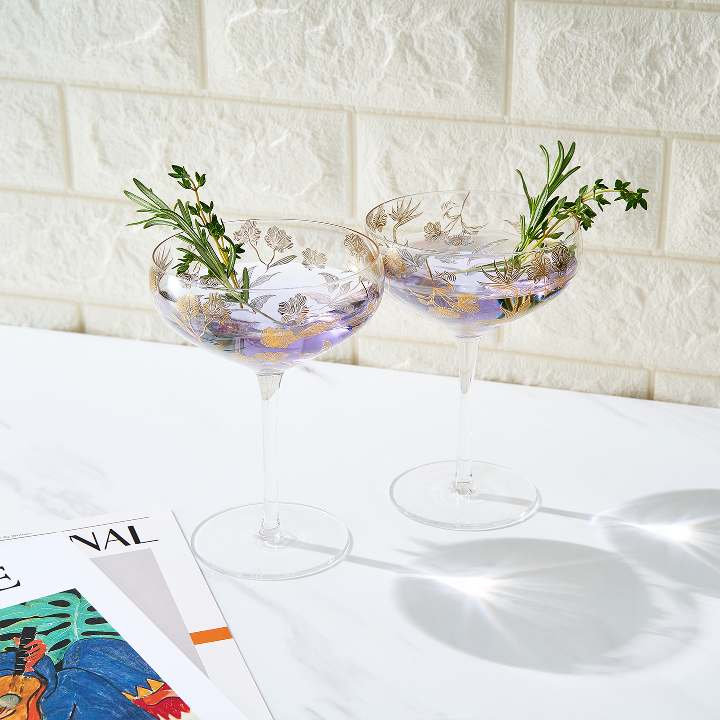 Vintage Gold Floral Decal Champagne Coupe | Set of 2