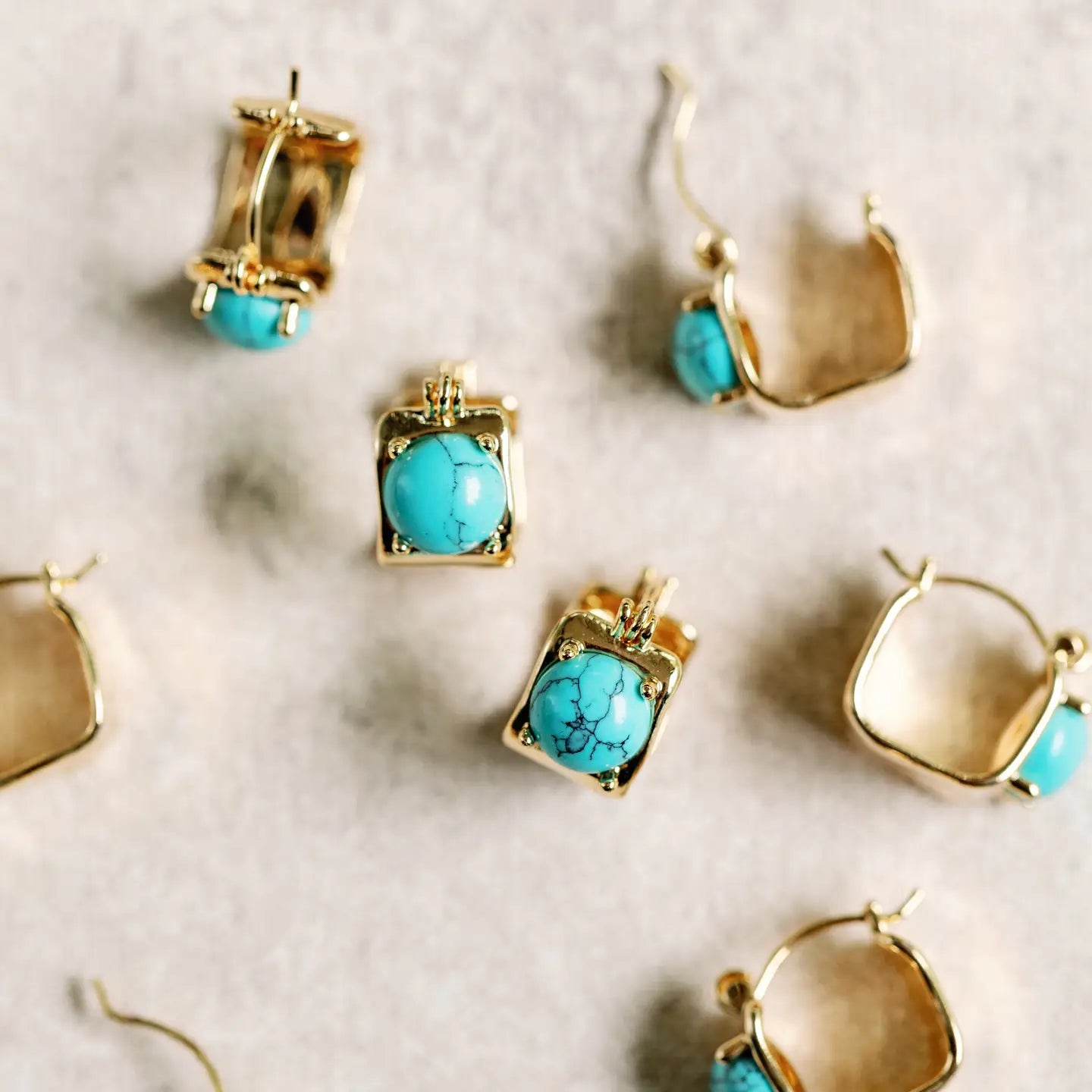 Vintage Mini Square Gold and Turquoise Huggie Hoop Earrings