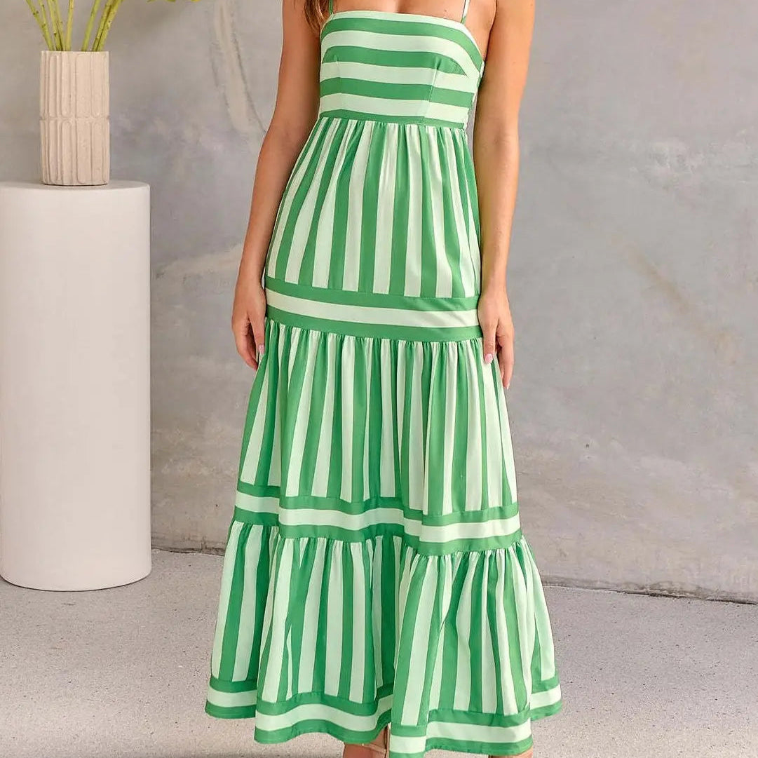 Green Striped Print Maxi Dress