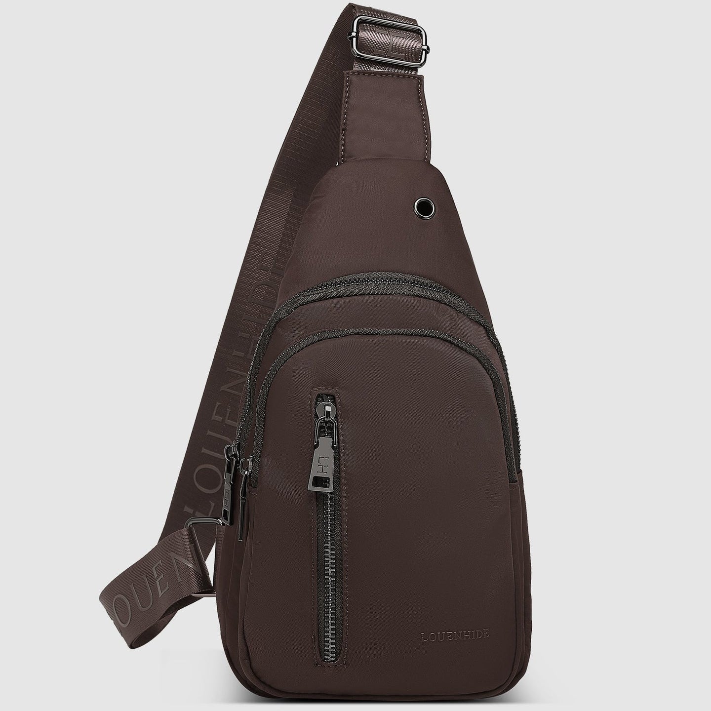 Brown sling bag with a visible brand logo on a light gray background