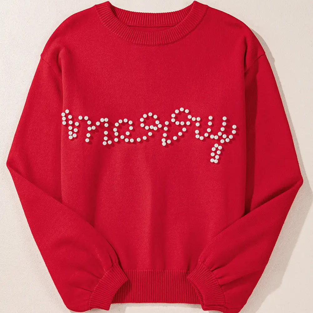 Red Pearl Beaded Merry Sweater