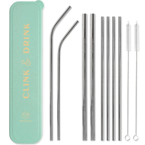 Clink and Drink Steel Straw Set displayed with all straw options and sizes and Green Case