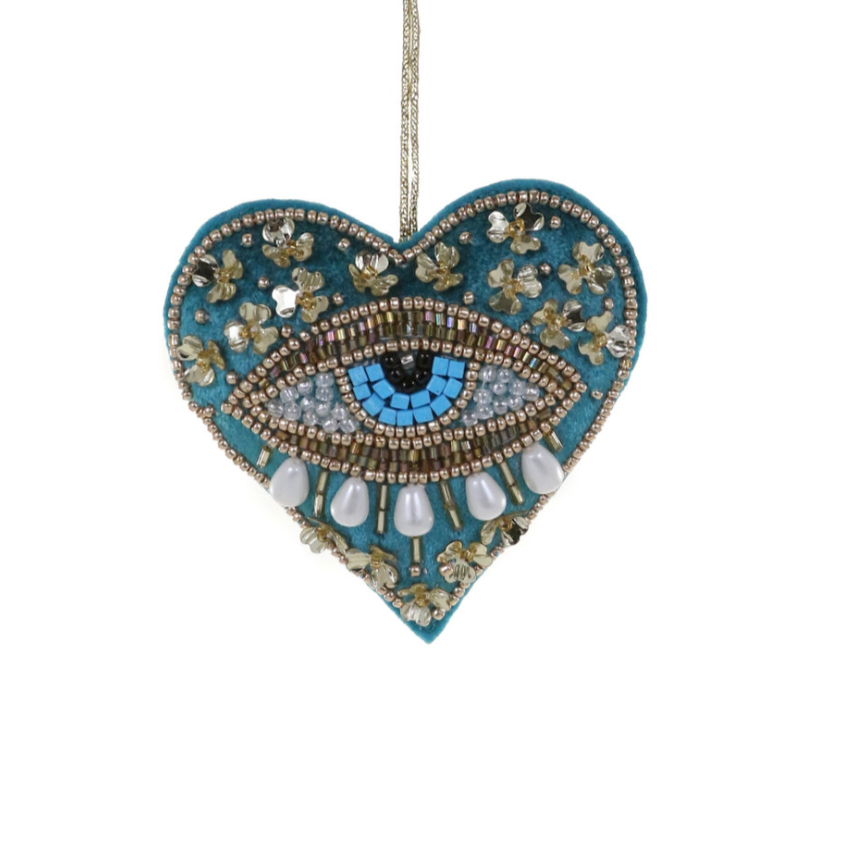 Teal Felt heart with beautifully beaded evil eye ornamentt
