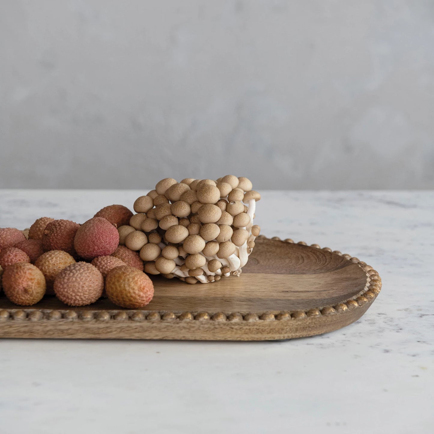 Hand-Carved Mango Wood Tray w/ Wood Beads & Gold Finish