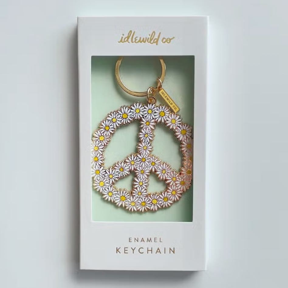 Idlewild Co Peace Sign Keychain shown boxed - With metal daisy adorn Peace Sign on chain