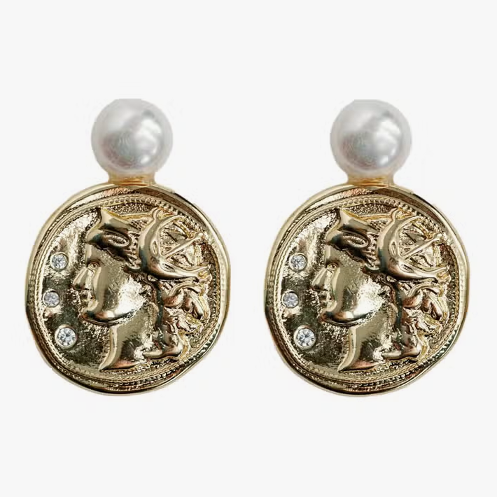 Pearl and Gold Coin Statement Earrings