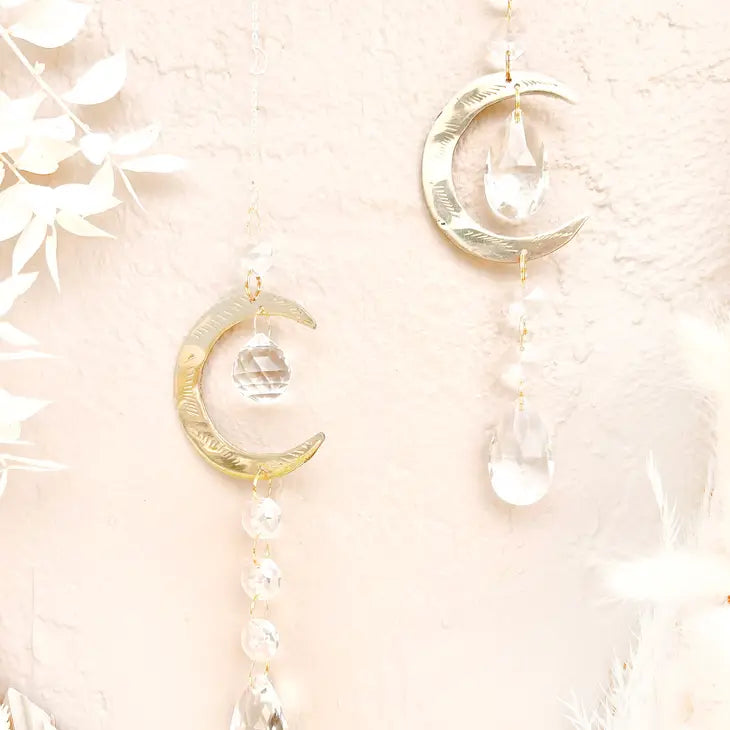 2 engraved moon and crystal window hangers