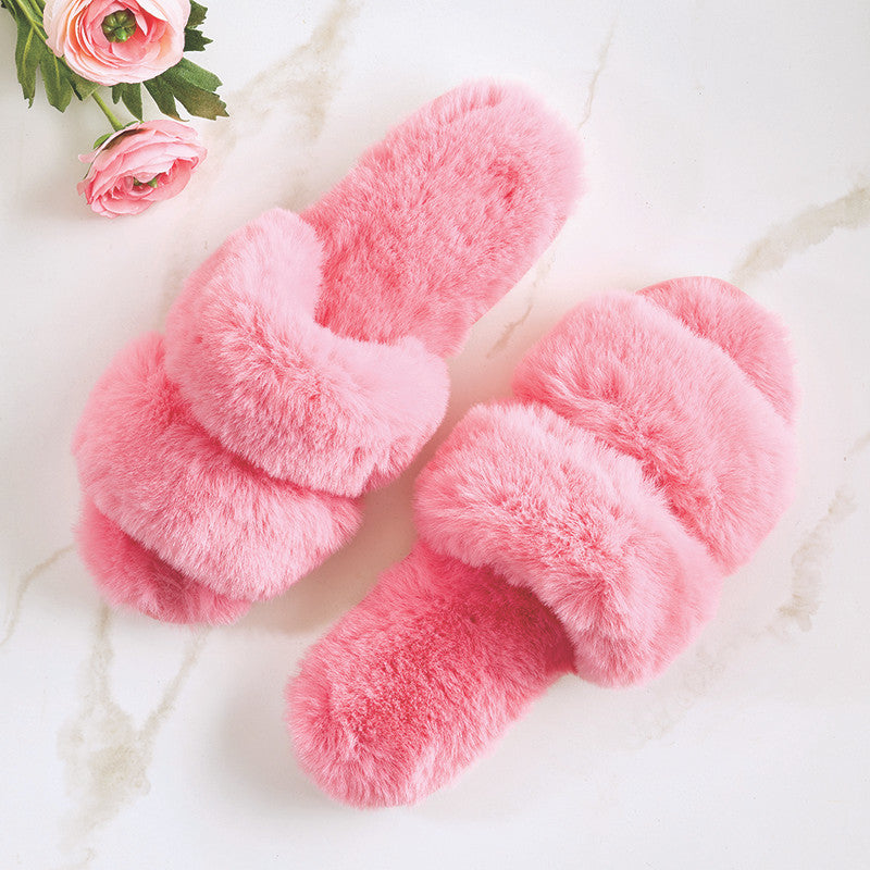 Plush Double Band Slippers - Hot Pink
