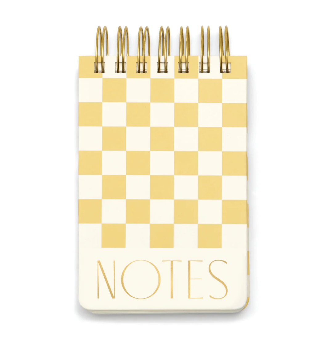 Twin Wire Chunky Notepad in a yelow and cream checker pattern with "NOTES" written at the bottom in gold
