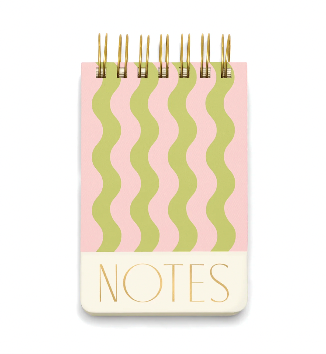 Twin Wire Chunky Notepad in a green and pink wavy stripe pattern with "NOTES" written at the bottom in gold