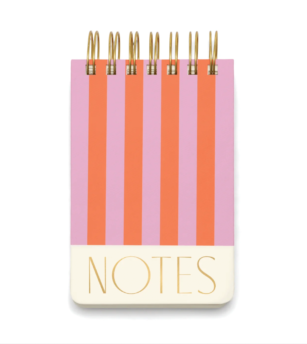 Twin Wire Chunky Notepad in pink and red stripes pattern with "NOTES" written at the bottom in gold