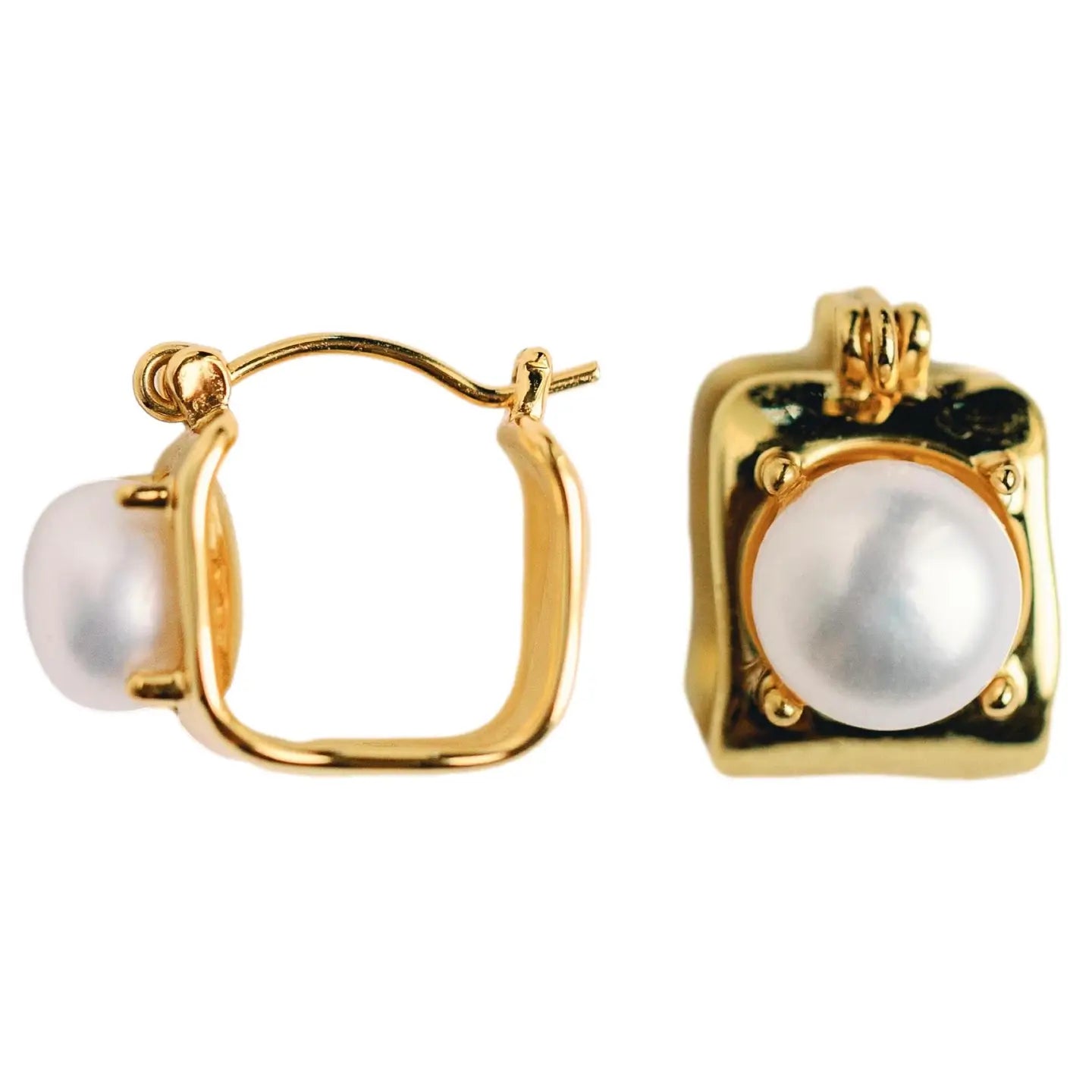 Vintage Mini Square Gold Pearl Huggie Hoops