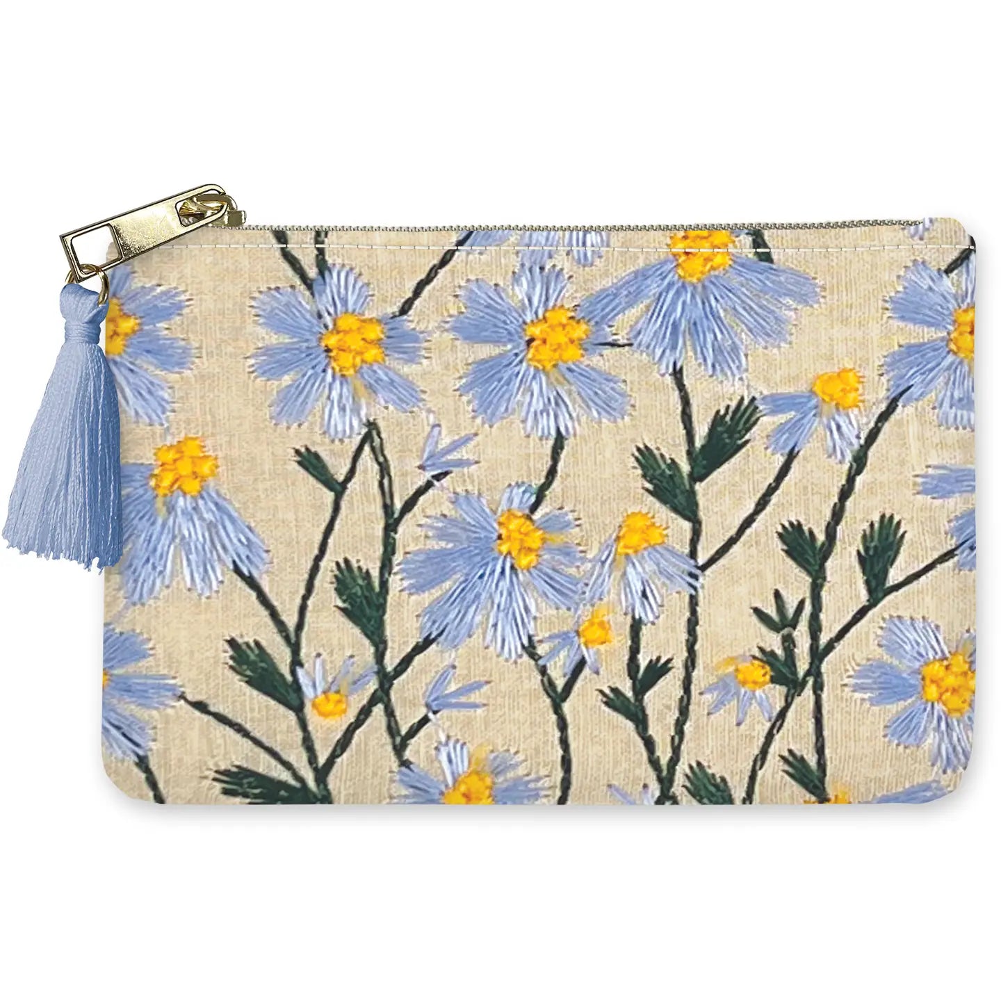 Embroidered Flower Market Pouch - Periwinkle