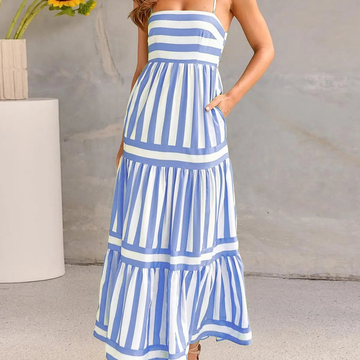 Blue Striped Print Maxi Dress
