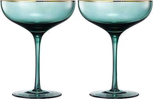 Green & Gilded Rim Wine Glassware, Large 9oz (Coupe)