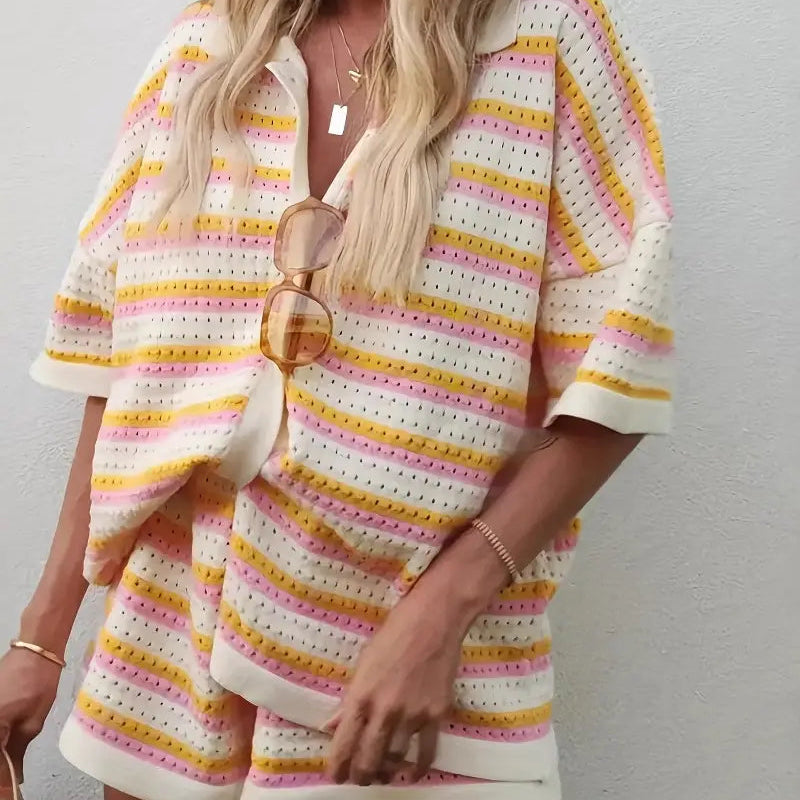 Striped Short Sleeve Shorts Set
