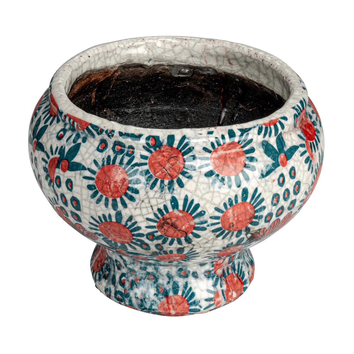 Bistro Floral Crackle Glazed Footed Planter