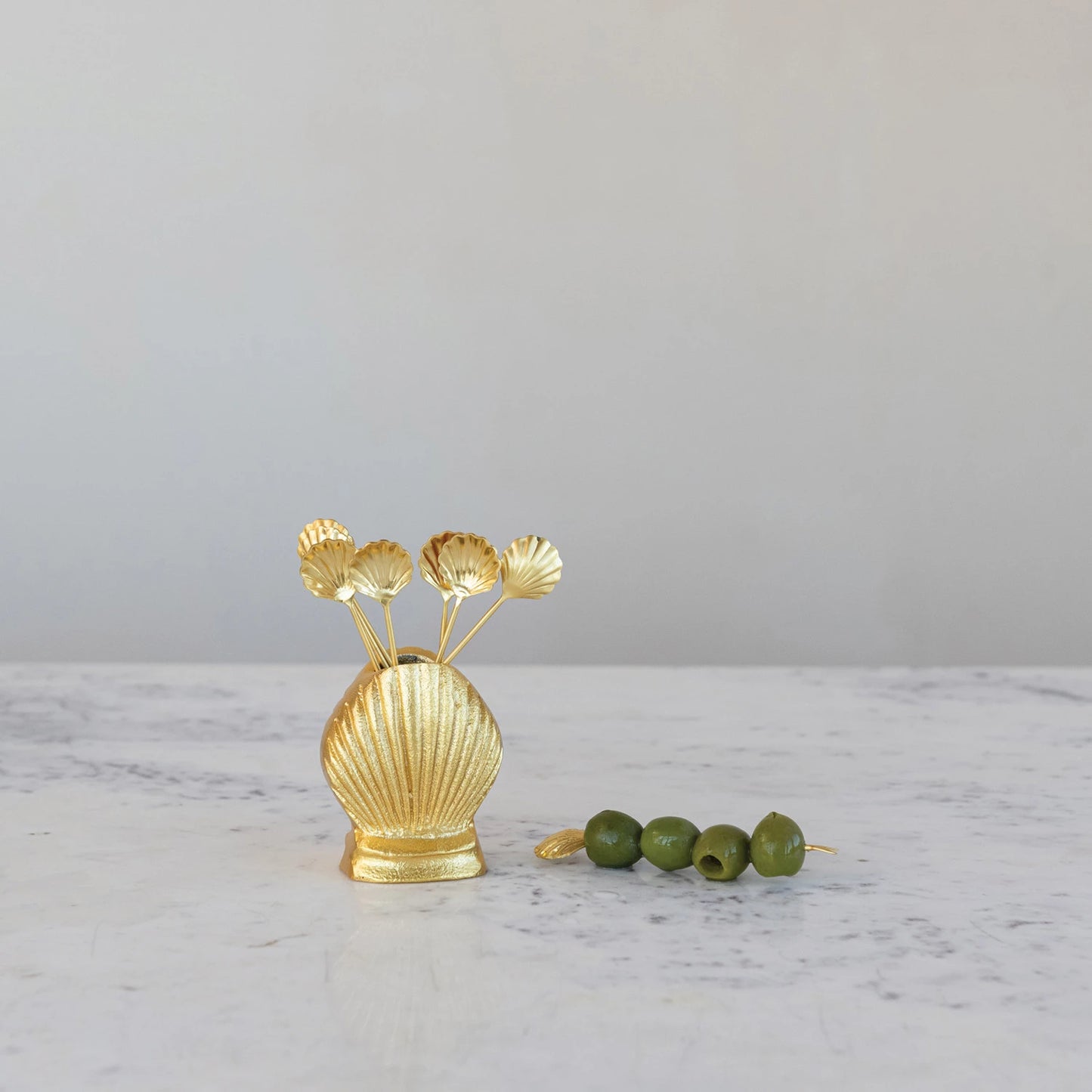 Gold Appetizer Picks in Shell Shaped Holder