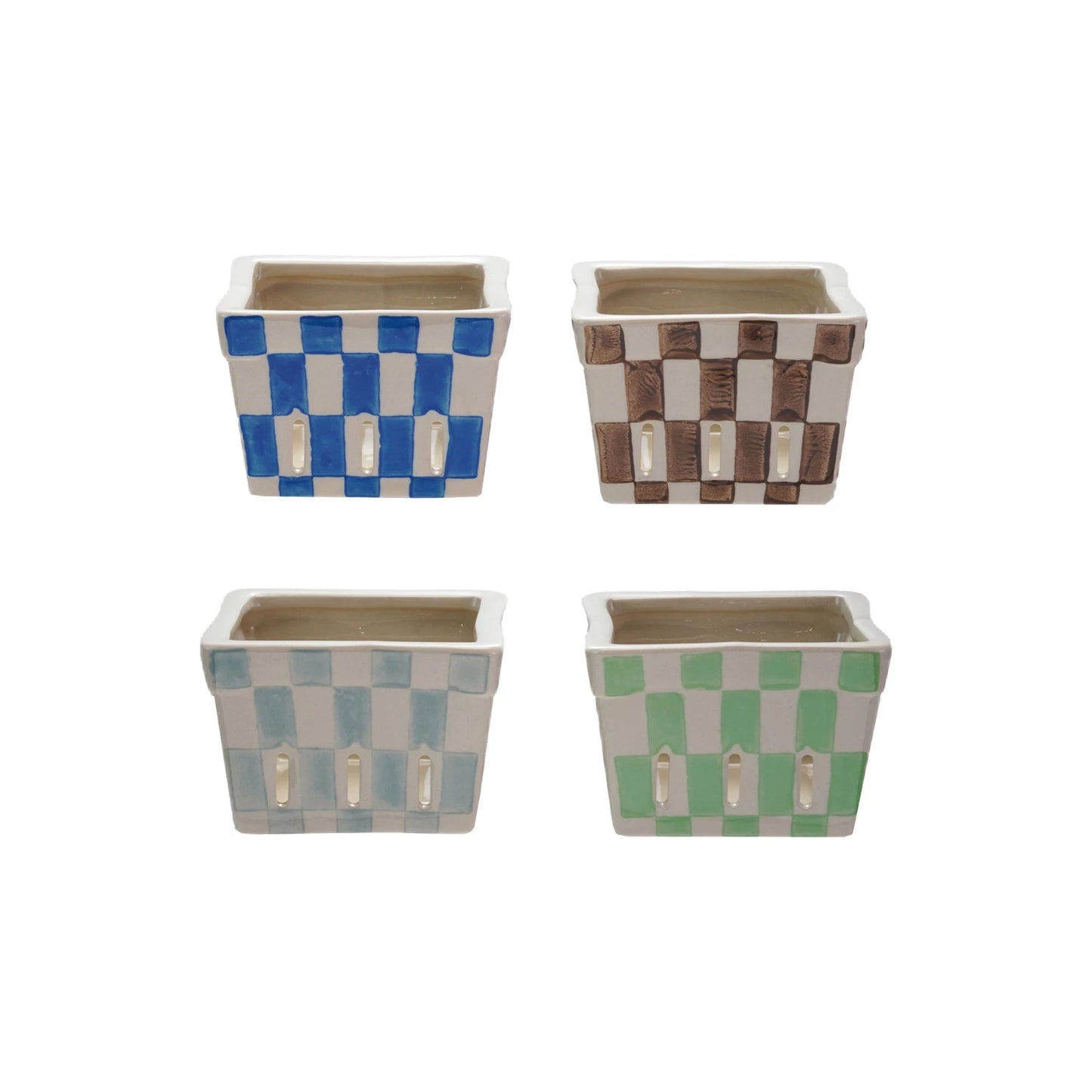 Painted Check Pattern Stoneware Berry Basket