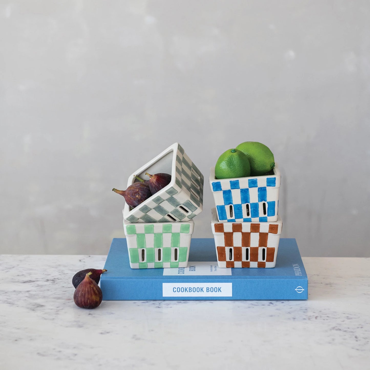 Painted Check Pattern Stoneware Berry Basket