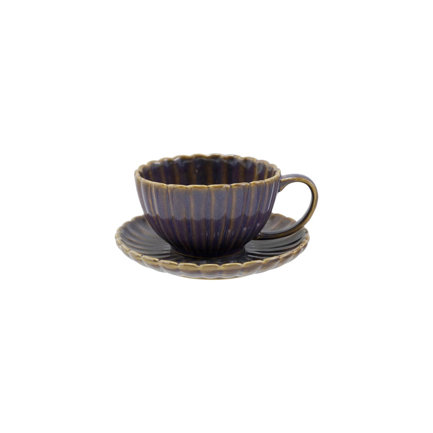 Glazed Ribbed Stoneware Mug with Saucer