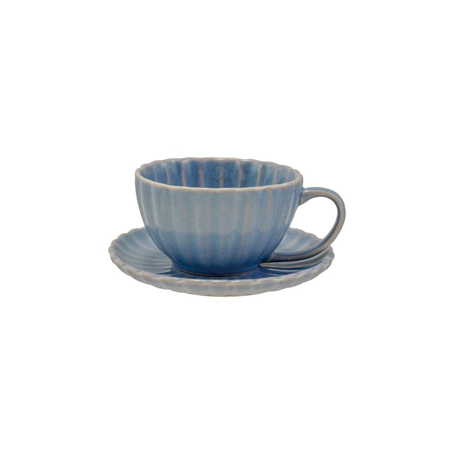 Glazed Ribbed Stoneware Mug with Saucer