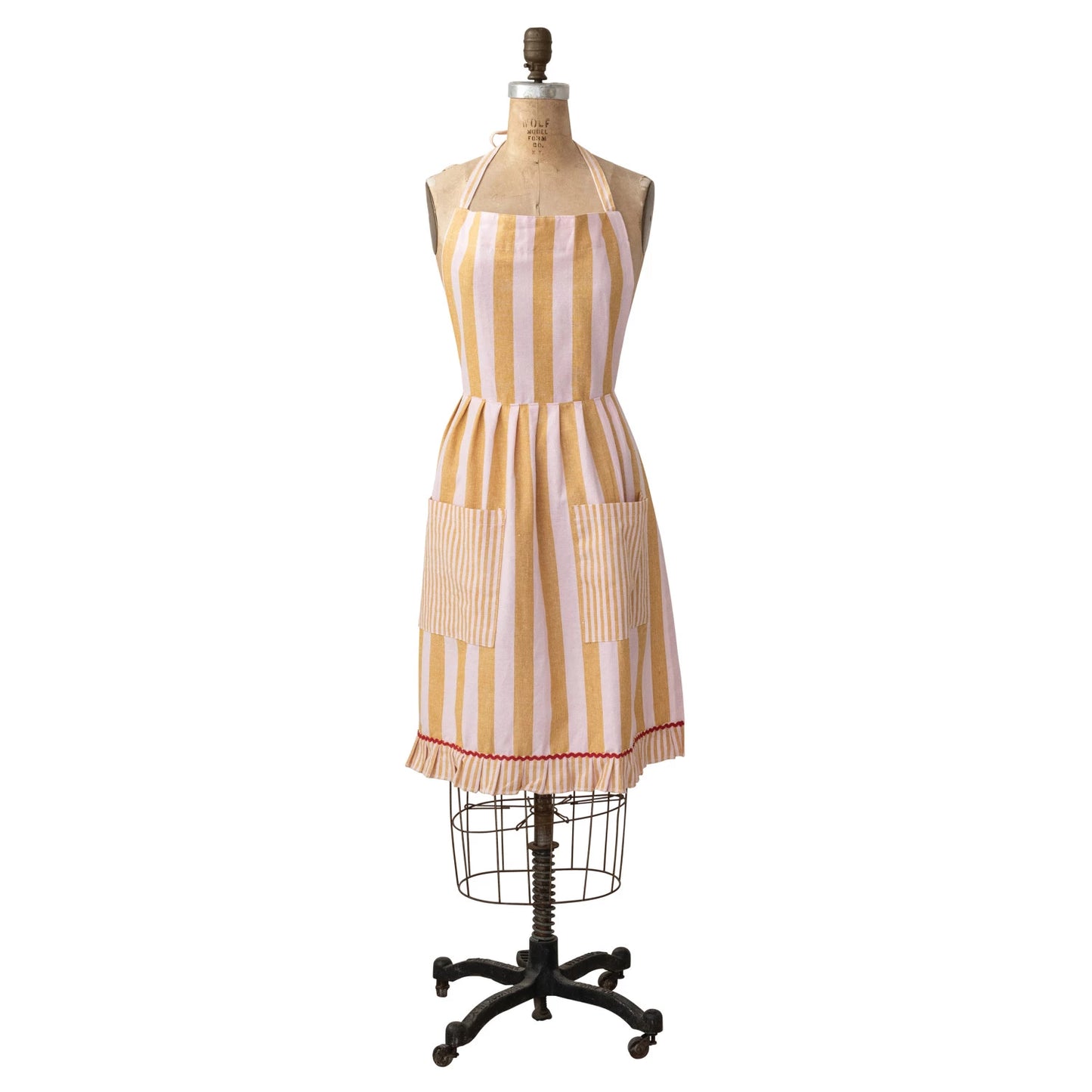 Woven Cotton Striped Apron with Ruffle & Pockets