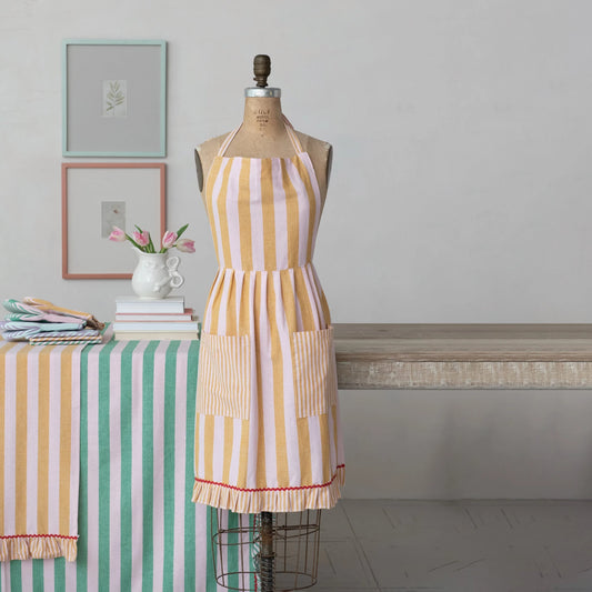 Woven Cotton Striped Apron with Ruffle & Pockets