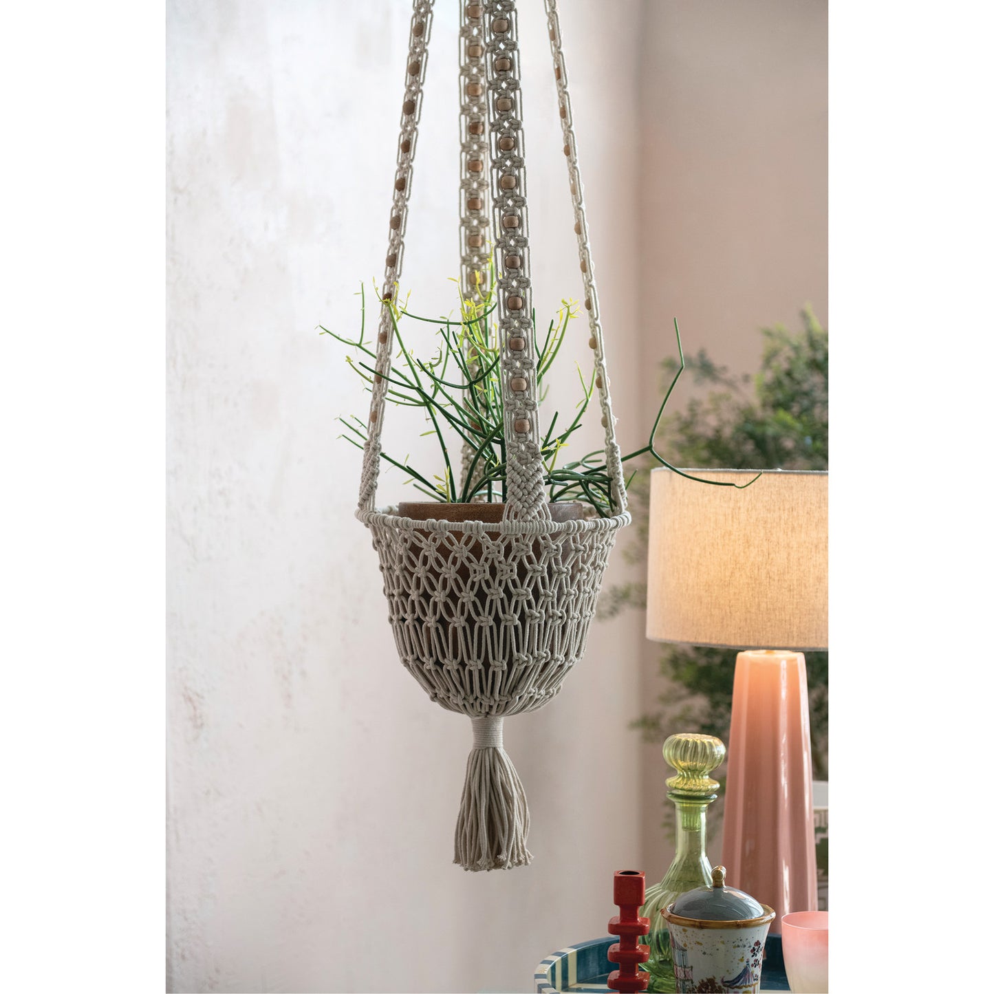 Cotton Macrame Plant Hanger w/ Wood Beads