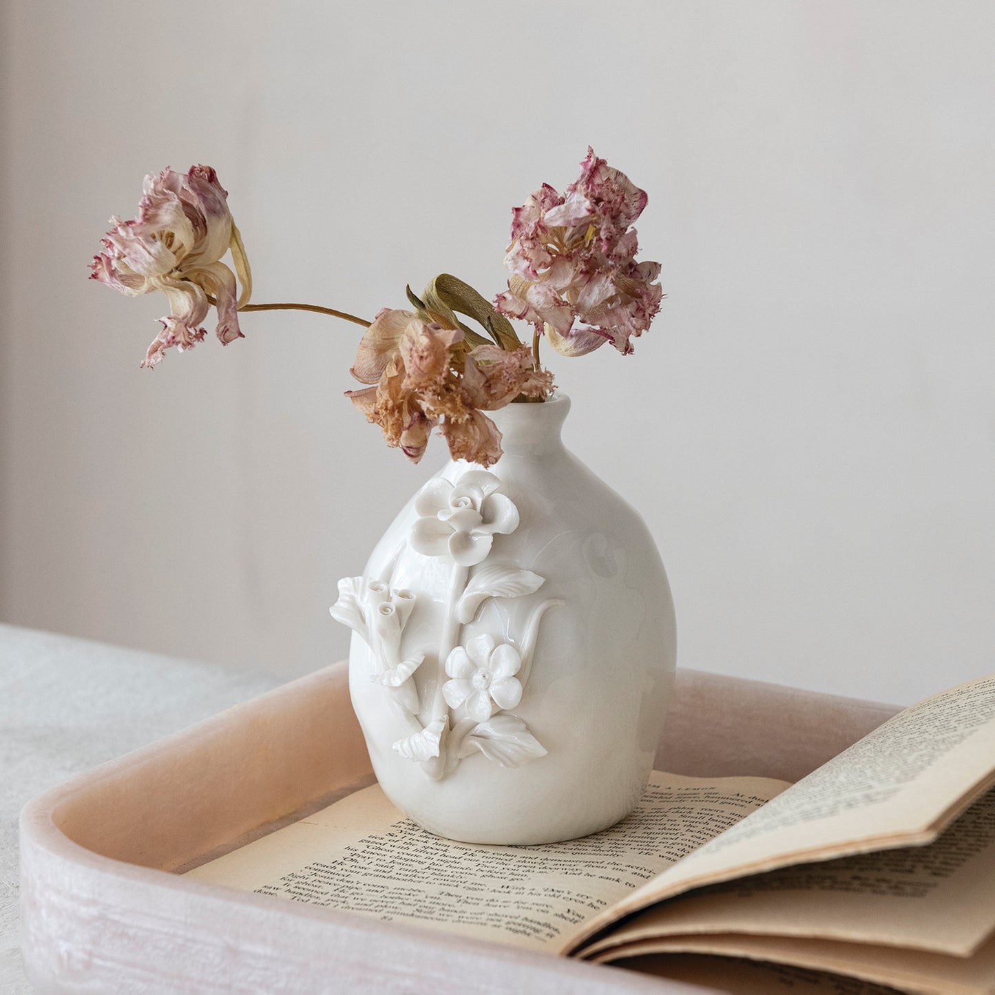 White Stoneware Bud Vases with Sculpted Flowers