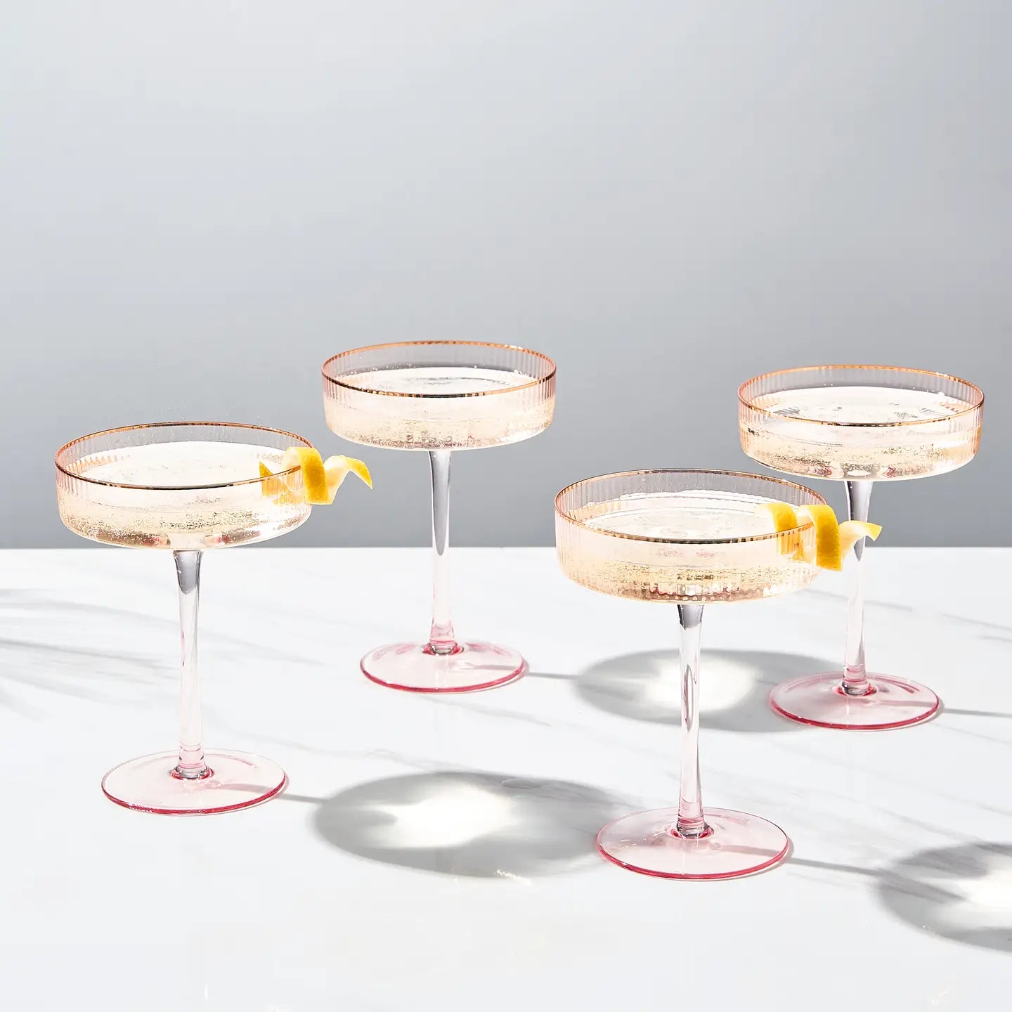 Blush Pink Ribbed Coupe with Gold Rim - Set of 2