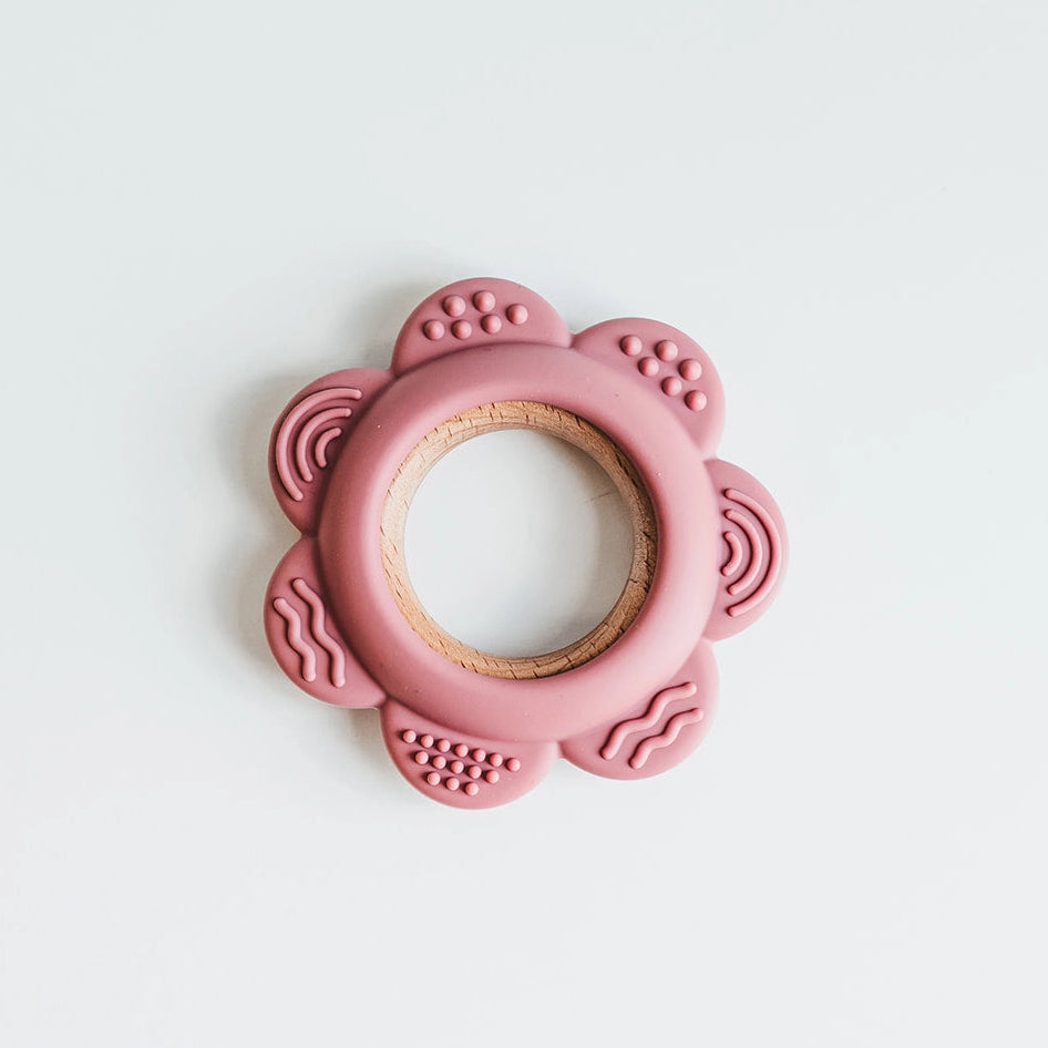 Flower Silicone & Beechwood Baby Ring Teether