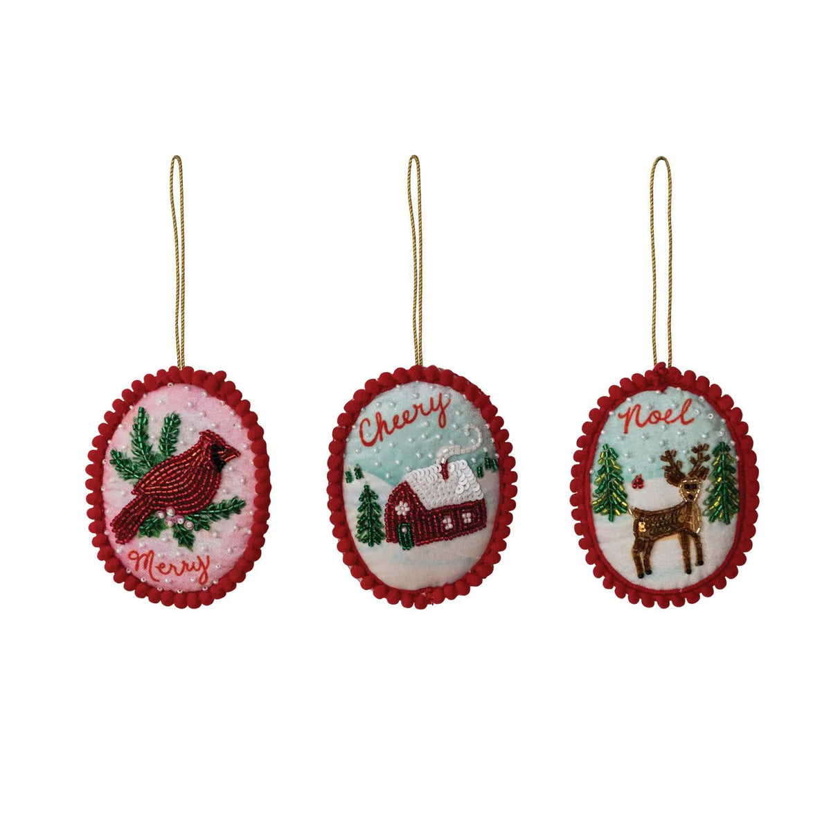 Fabric & Glass Beaded Ornament w/ Holiday Image