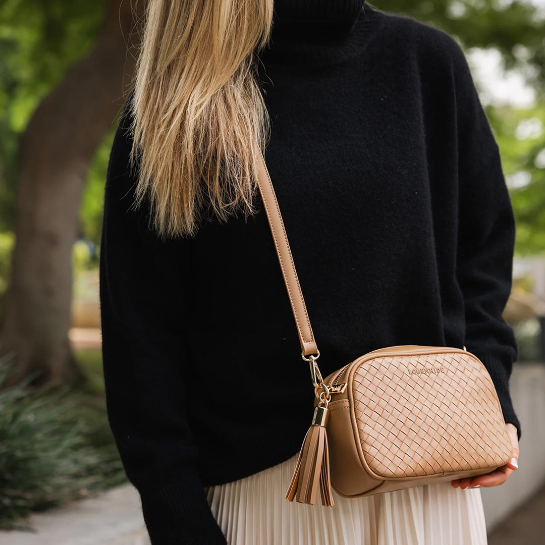 Louenhide Jacinta Woven Crossbody Bag in Camel