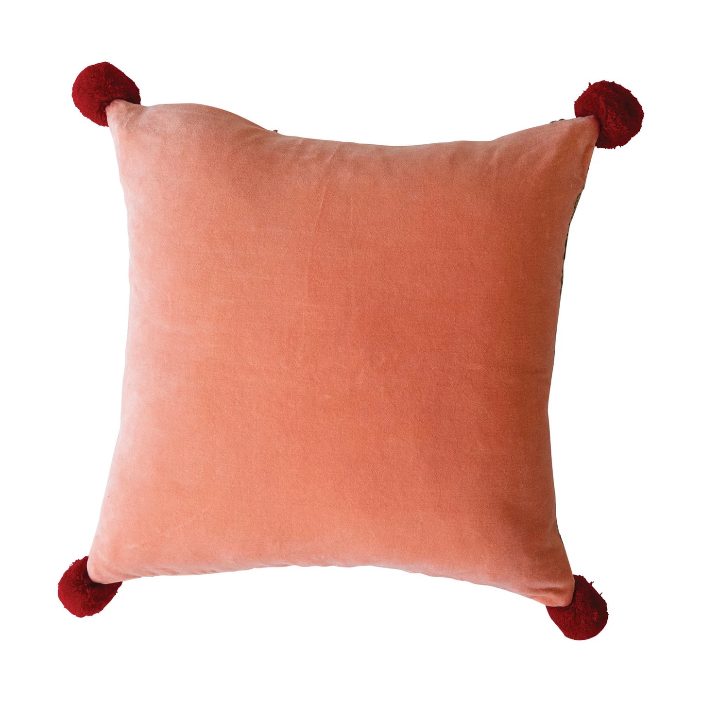Woven Pink Jacquard Pillow with Pom Poms