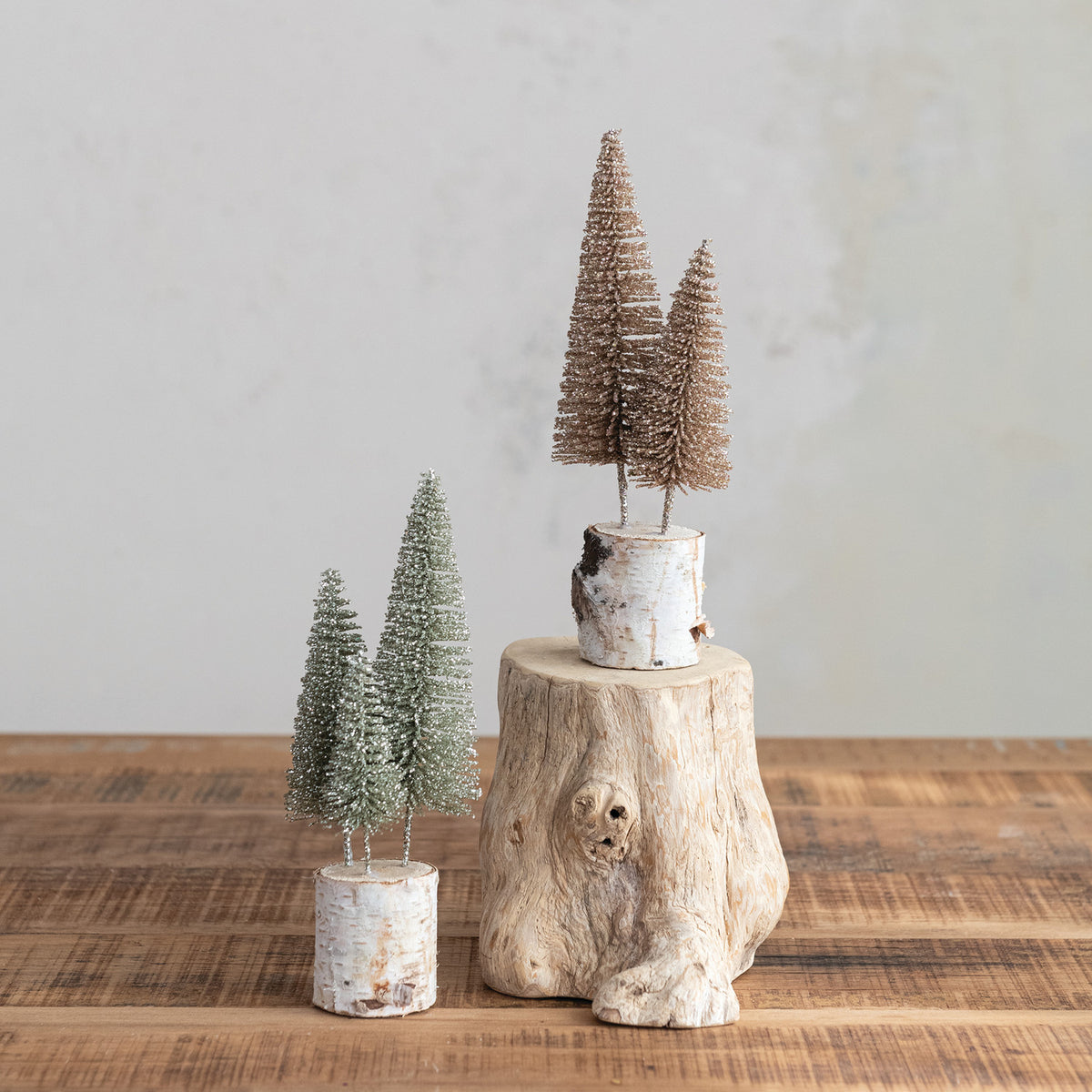 Glittered Bottle Brush Tree Cluster with Wood Base