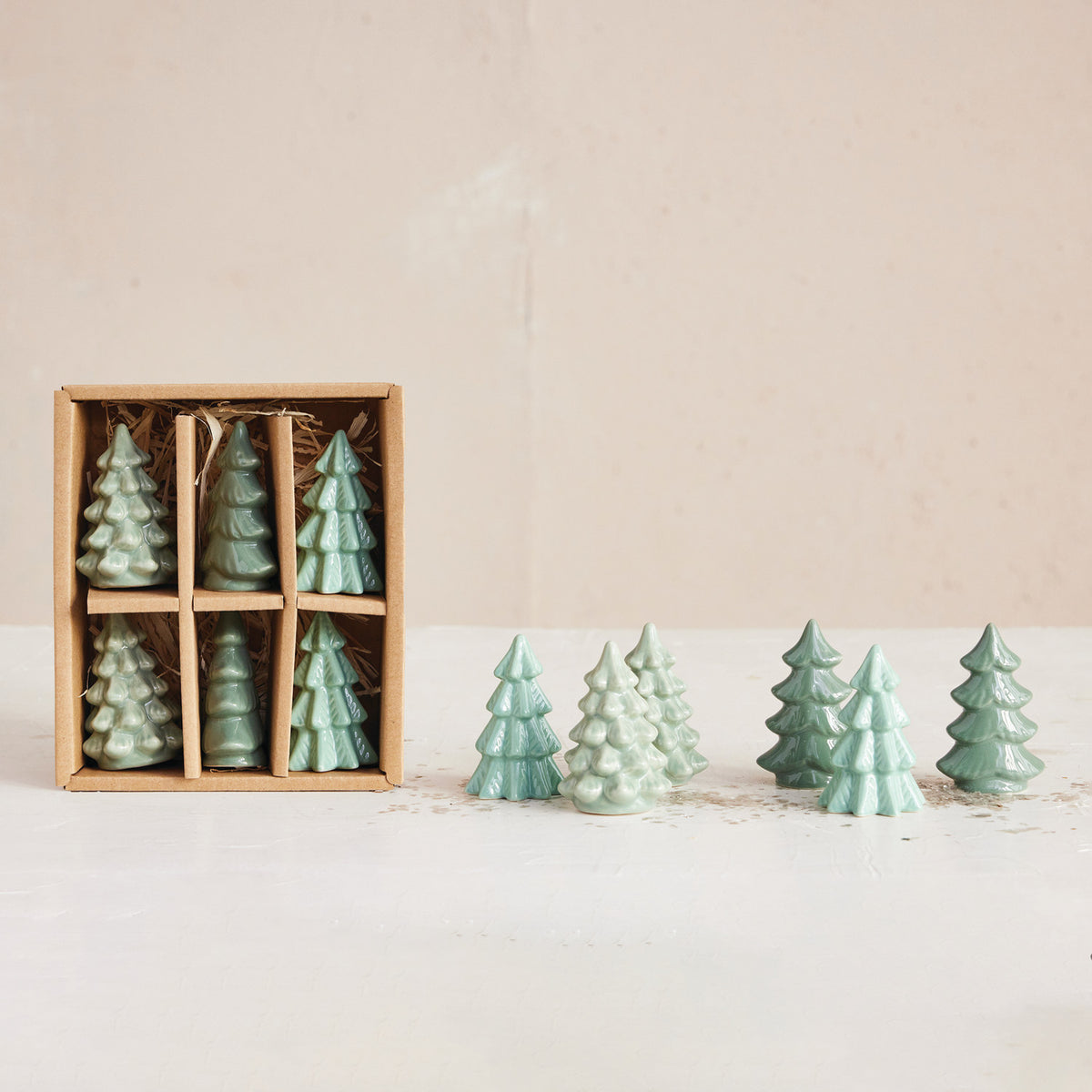 Boxed Set of Green Stoneware Trees