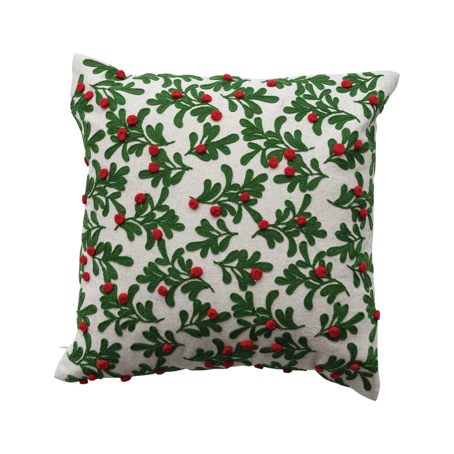 Embroidered Mistletoe Linen Pillow