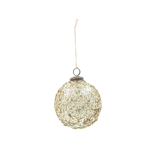 4" Gold Round Glass Ball Ornament with Sequins