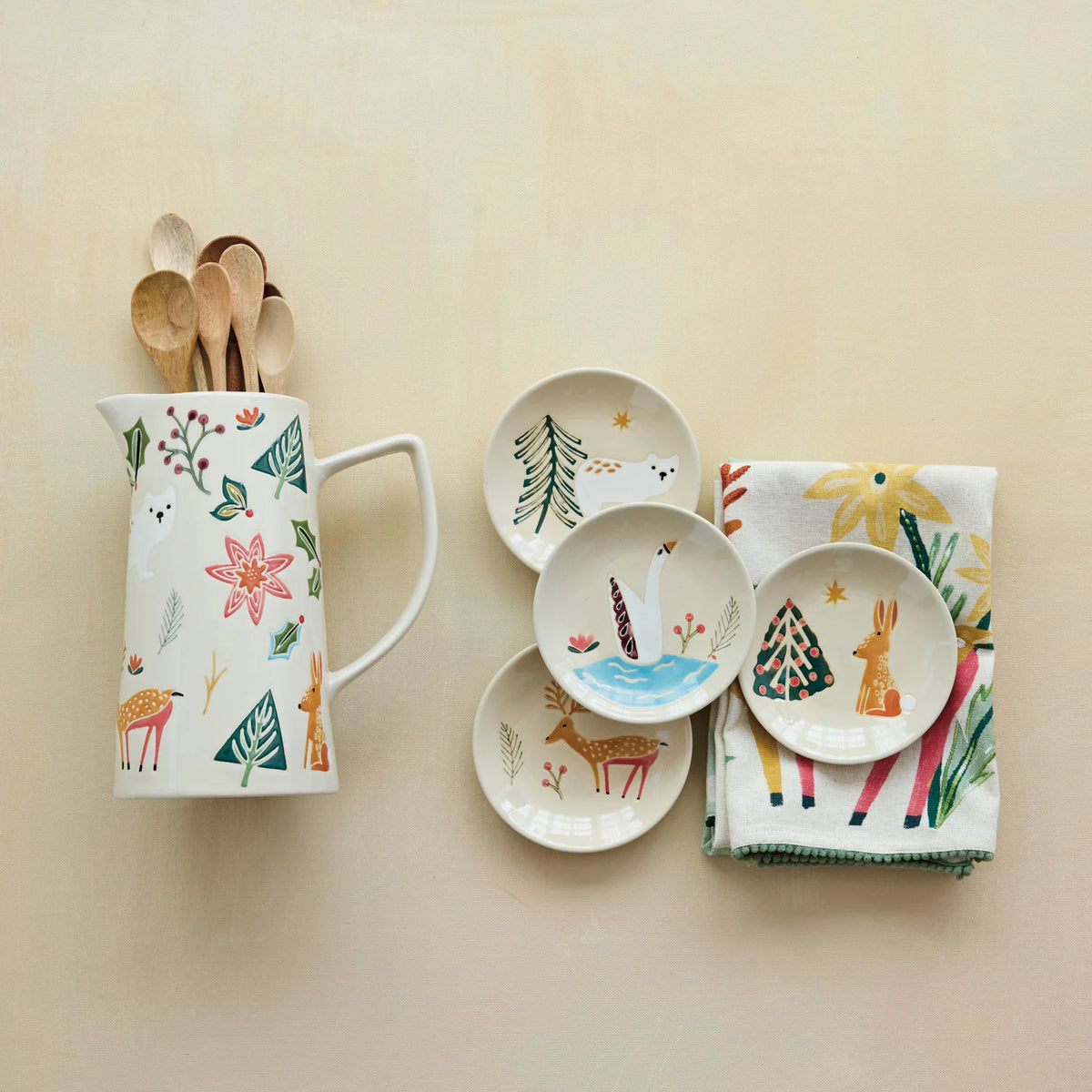 Stoneware Pitcher with Animals & Seasonal Botanicals