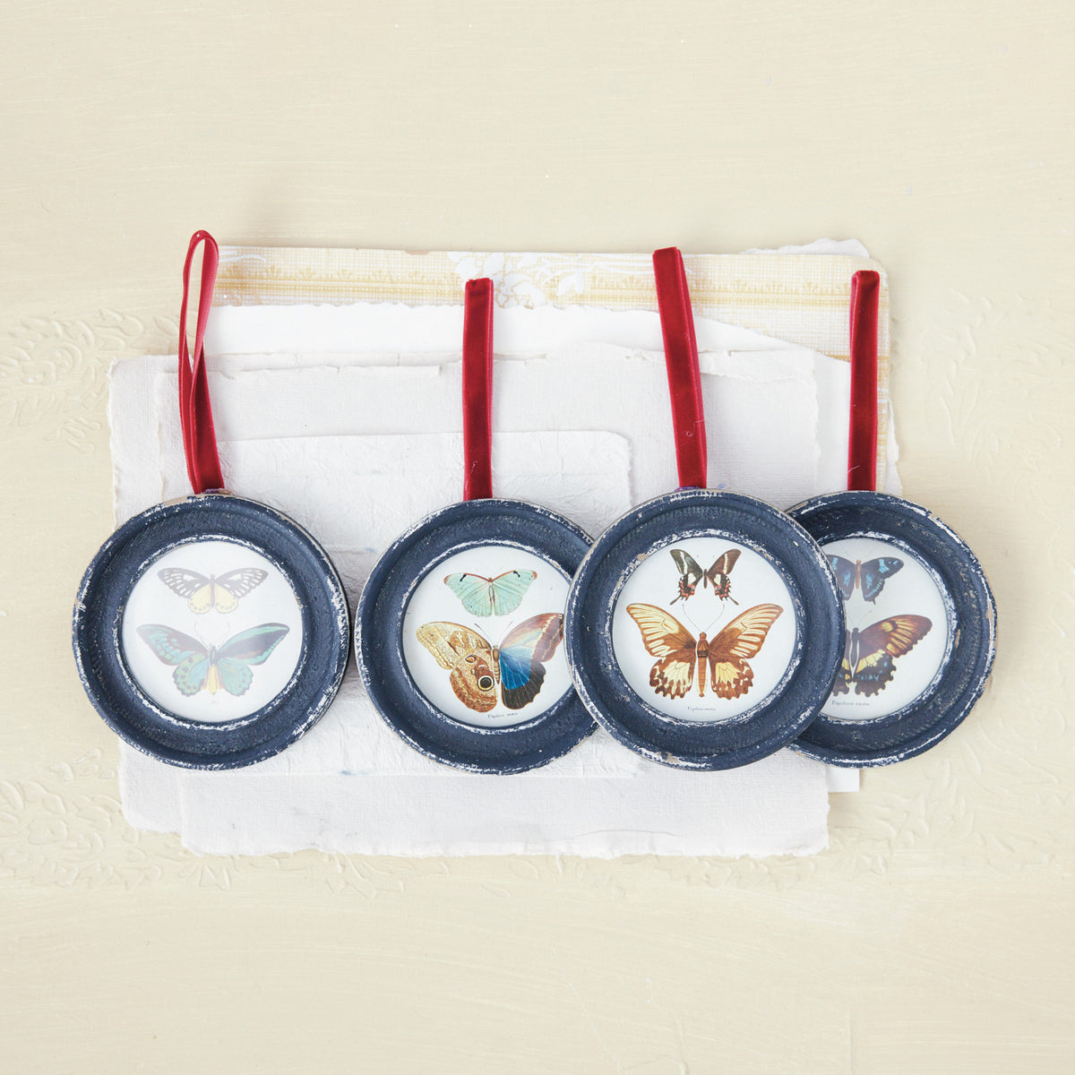 Butterflies Round Framed Ornament with Velvet Ribbon