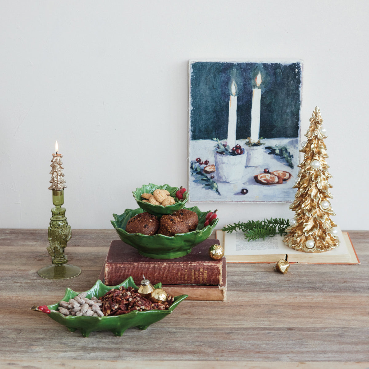 Holly Leaf Shaped Footed Tray with Berries