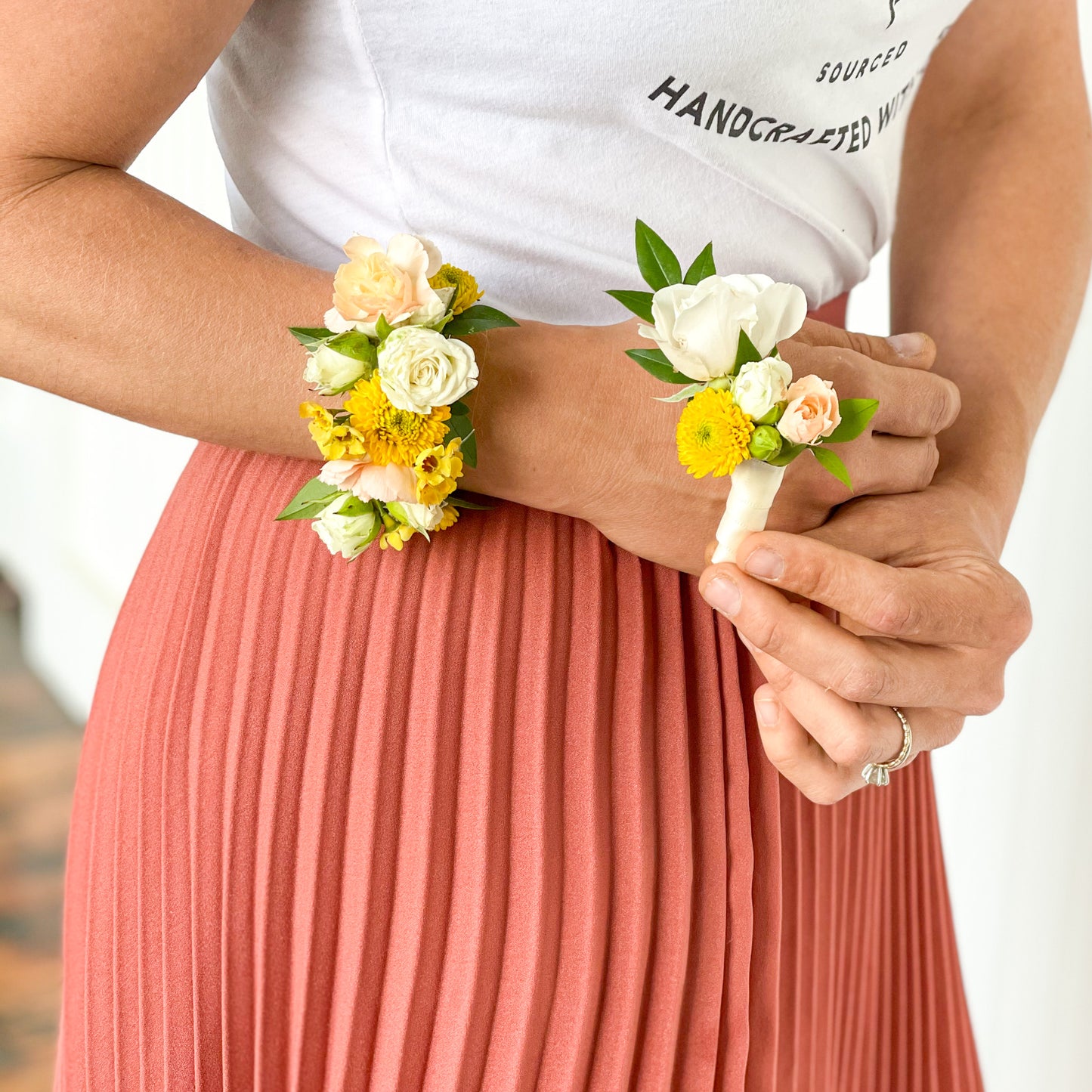 Custom corsage and boutonniere in yellow hues
