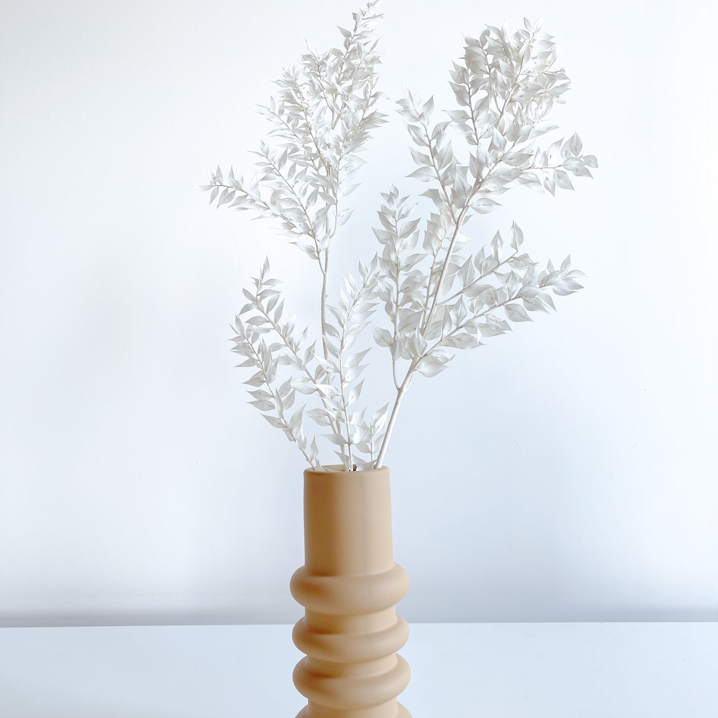 White Preserved Ruscus in Modern Mustard vase