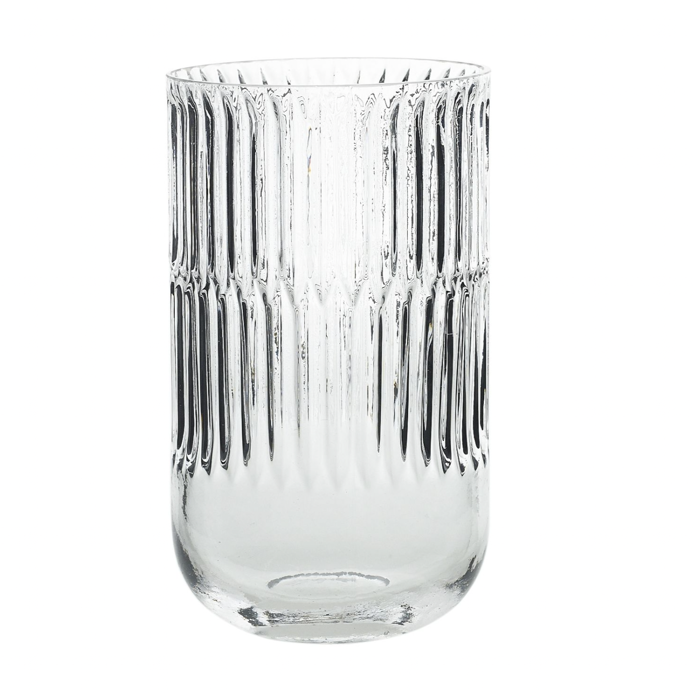 Serena Vase is a pleated clear Glass vessel with curved bottom