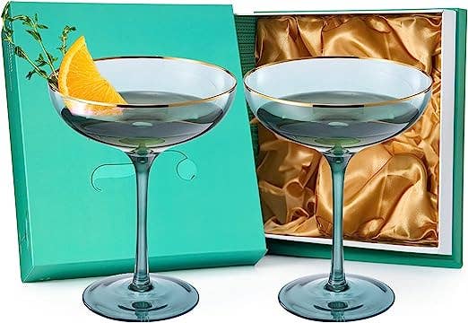 Green & Gilded Rim Wine Glassware, Large 9oz (Coupe)